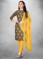 Slub Cotton Dark Brown Casual Wear Embroidery Work Churidar Suit